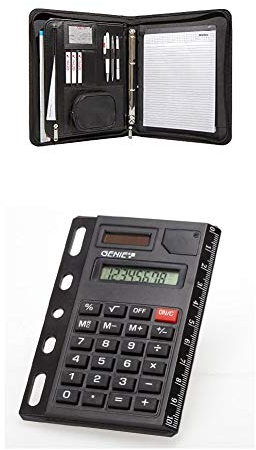 Genie A4 Schreibmappe mit herausnehmbarem Ringbuch (Frankfurt, in Lederoptik und strukturiertem Nylon) schwarz + 325 8-stelliger abheftbarer Taschenrechner (Dual-Power, Solar und Batterie) schwarz