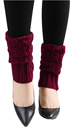 sourcing map Women's Knitted Toeless Solid Warm Stretchy Knee High Ribbed Leg Warmers Burgundy-Printed Fit Calf Girth:10-15