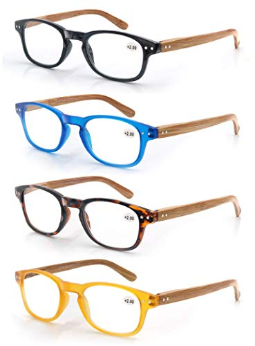 MODFANS Lot de 4 Lunettes de Lecture 1.5 Hommes Femme,Lunettes Loupe Monture Leger Branches a Ressort,Lunettes de Vue Motif Effet Bois,Noir-Bleu-Ecaille-Jaune