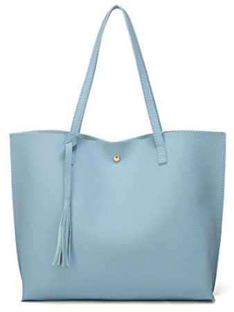 Dreubea Damen-Schultertasche aus weichem Kunstleder mit großen Quasten und großer Kapazität, Blau (pastellblau), Medium
