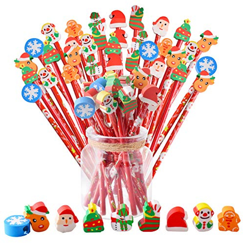 Gudotra 48 Pezzi Matite Natalizie per bambino Gadget Natalizi Matite Natale in Legno con Gomma Regalini Natale bambino Gadget Compleanno