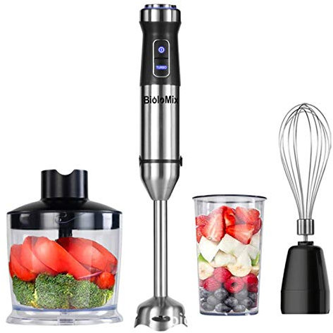 N/F Batidora de Mano 4 en 1, Control de Velocidad Continuo de 1100 W, licuadora de inmersión antisalpicaduras con picadora de Alimentos de 500 ml, Vaso de precipitados de 800 ml, batidor (Negro)