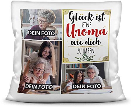 Print Royal Kissen mit Füllung - Fotocollage selbst gestalten mit Spruch für Uroma - GLÜCK - mit DREI eigenen Fotos - Geschenkidee Fotokissen - Kissen Polyester - Weiß