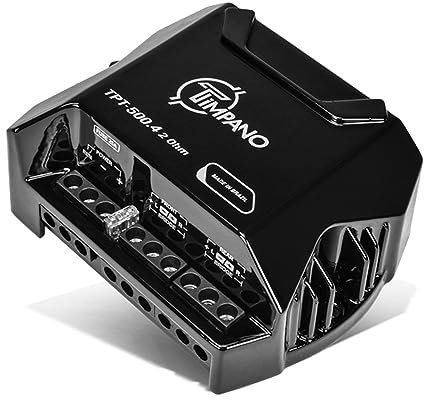 Timpano TPT-500.4 - Amplificador compacto de audio para coche (500 W, 4 x 125 W a 2 ohmios, mini estéreo de 12 V, clase D Amp, amplificador puenteable, 4 canales)