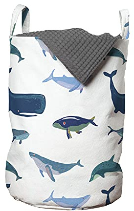 ABAKUHAUS Wal Wäschesack, Schwimmen Meerestiere, Wäschekorb mit Griffen Kordelzugverschluss für Waschsalons, 33 cm breit x 49 cm hoch, Teal Dunkelblau Weiß