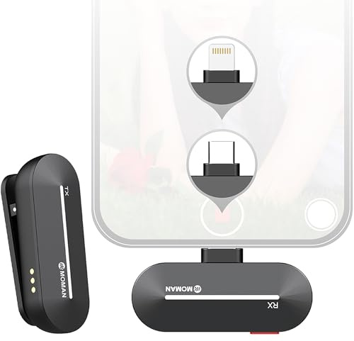 Moman Micrófono Lavalier Inalámbrico para i-Phone 2,4 GHz Wireless Micófono de Solapa para Móvil con Interfaz Lightning para Youtube/Vlogging/Live Streaming, Micrófono-Inalámbrico-Wireless-i-Pad