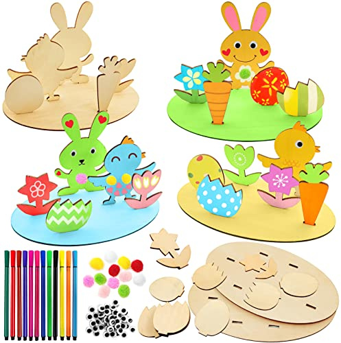 Osterhase Holz Bemalen,6 Stück,Hasen und Küken aus Holz zum Bemalen,3D Osterhase Bastelset,Hasen aus Holz zum Bemalen,DIY Osterhase Deko,Ostern Zum Holzhase Deko,Bastelidee zu Ostern