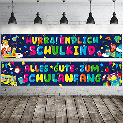 HOWAF 2 Stück Alles Gute Zum Schulanfang Banner für Einschulung Dekoration, Endlich Schulkind Girlande Banner Schuleinführung Stoff Hintergrund Banner Schulanfang Photo Booth für Schulanfang Deko, A
