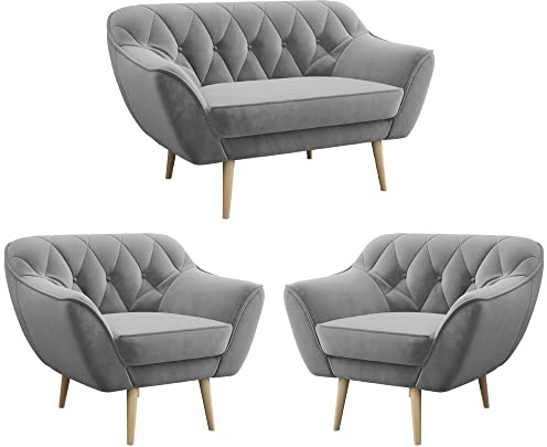 MKS MEBLE Sofa Grau - Moderne Sofa Set 2+1+1 - Skandinavische Deko Polstersofa - Pirs Loungesofa und Zwei Sessels - Vier Personen Grau