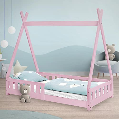 ML-Design barnsäng tepee 80x160 cm rosa med fallskydd och lamellram, tillverkad av furu, indisk säng av massivt trä för flickor, hus säng med staket, barnhus träsäng ungdomssäng leksäng tält