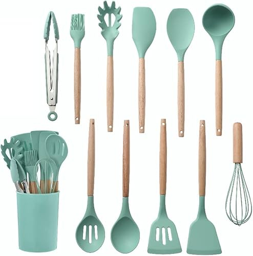 Set Utensilios de Cocina Antiadherente Utensilios de Cocina de Silicona Juego de Utensilios de Cocina Utensilios de Cocina antiadherentes Espátula Pala Batidores de Huevos Mango de Madera Cocina