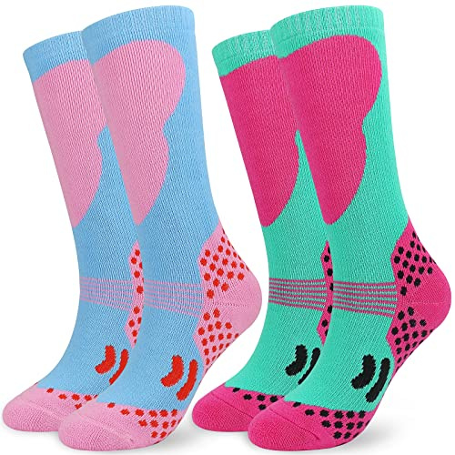 Kids Thermal Ski Sports Winter Socks,2 Pairs Knee High Colorful Skiing Snowboarding Walking Warm Socks for 5-15 Years Old Youth Boys Girls UK Child Size 8.5J-2/EU26-34