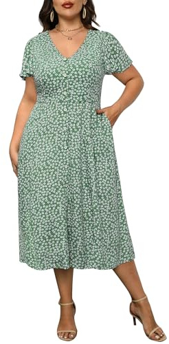 Women's Plus Size Button Front Floral Print Short Ruffle Sleeves Pockets Summer Midi Flowy Sundress, Floral Green, 24 Plus