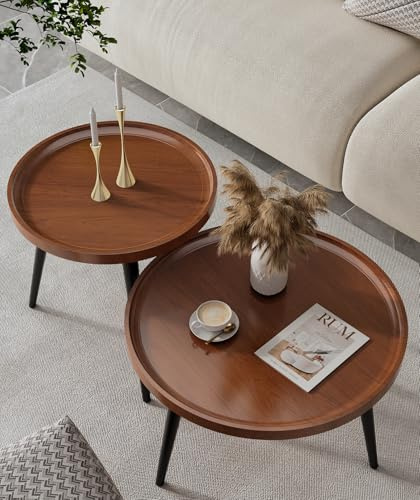 Semjar 2-Piece Walnut Coffee Table,Durable Mid Century Small Round Coffee Tables for Living Room,Easy Assembly Modern Nesting Coffee Tables Set,Circle Side Tables for Sofa Bedside Balcony