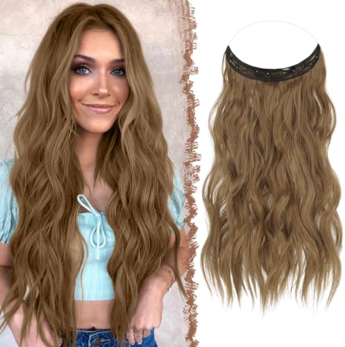 FESHFEN Secrets Haare Extensions Lange Gewellt Haarverlängerung Invisible Secret Haarextension Synthetik Hair Unsichtbarem Haarteile für Frauen Goldbraun Gemischt 50 cm