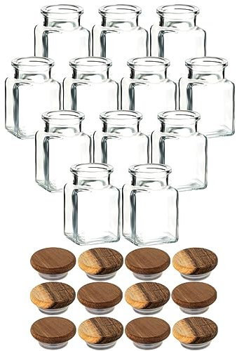 gouveo 12er Set Gewürzgläser 150 ml eckig mit Holzdeckel Akazie - Kleine Korkengläser mit Holz-Korken - Leere Vorratsgläser für Kräuter, Gewürze - Kleine Glasdose für Büro