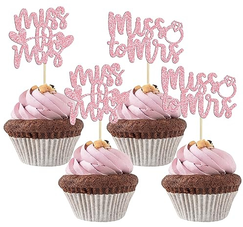 Gyufise 36 Stück Miss to Mrs Cupcake Toppers Herz Diamant Ring Glitzer Hochzeit Verlobung Cupcake Picks für Brautdusche Geburtstag Party Kuchen Dekorationen Supplies Rosa