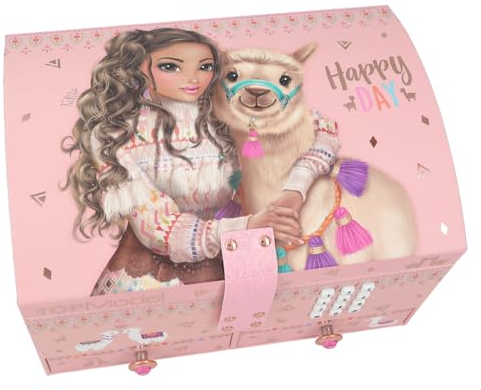 Depesche 11900 TOPModel Cosy - Kleines Schmuckkästchen in Rosa, mit Alpaka und Model-Motiv, öffnet sich mit Code und Sound, Schmuckbox mit Spiegel und Klappdeckel