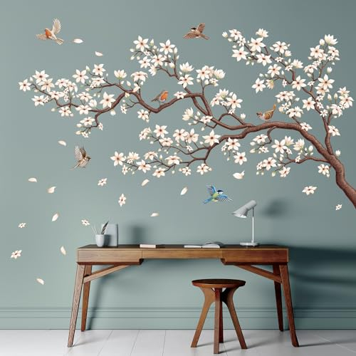 DECOWALL SG4-2317 White Cherry Blossom Tree Wall Stickers Birds on Pink Flower Branch Decals Removable for Nursery Bedroom Living Room Art Home Decor Mural Decoration