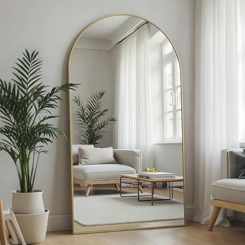 Dewfig Arched Full Length Mirror, 76x34 Large Floor Mirror, Full Body Mirrors for Leaning or Hanging, Standing Mirrors for Bedroom, Living Room,Dressing Room, Aluminum Alloy Frame, Gold