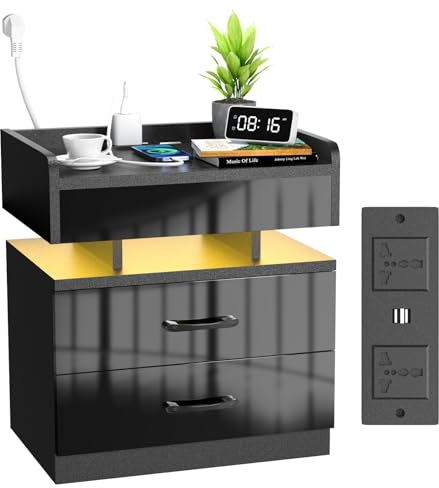 HaodaCulture LED nachttisch,nachttisch mit ladefunktion nachttisch mit led nachttisch schwarz smart nachttisch nachttisch USB nachtschränke nachttisch mit Steckdose nachttisch steckdosen(1, schwarz)
