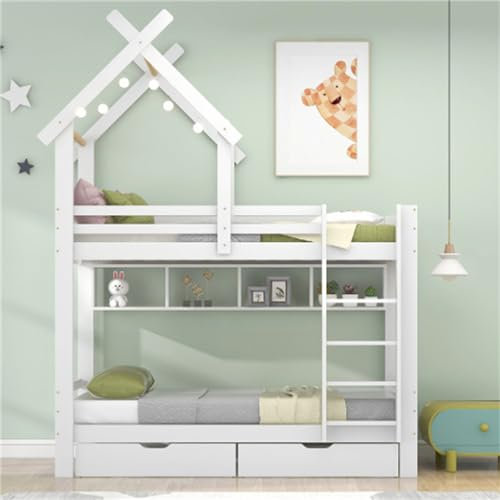Tcewhhy Litera con Cajones Y Estantes Cama Casita De 90x200 Cm Cama Infantil con Protección contra Caídas Y Somier Cama Alta con Escalera Rectangular De Tres Niveles Cama Juvenil Blanco