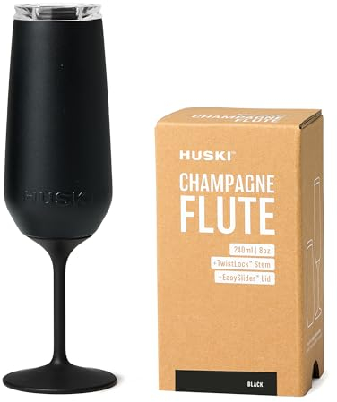 Huski Flûte à Champagne NOUVEAU | Design Primé avec Pied Détachable | Verre à Champagne en Acier Inoxydable Premium avec Couvercle | Tasse Isotherme Triple Paroi | Capacité de 240 ml (Noir)
