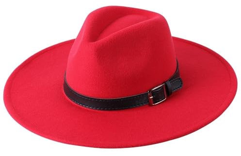 Fengyan Hut für Damen, 9,5 cm breite Krempe, Trilby-Hut, britischer Stil, Jazz-Kirchenkappen, Herren, Schurwolle, Fedora-Hut mit Gürtel, rot, 6 7/8-7 1/8