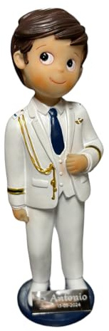 Figura para tarta comunión niño PERSONALIZADO con placa grabada. Figura niño elegante. Figura almirante comunión (Blanco)