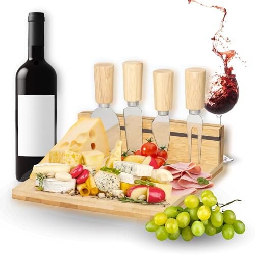 Käseschneidbrett 'Bergamo' aus Bambus - Käseplatte Holz mit magnetischer Halterung - Käsebrett mit Käsemesser Set aus Edelstahl - 5-teiliges Cheese Board als Geschenk oder Serviertablett