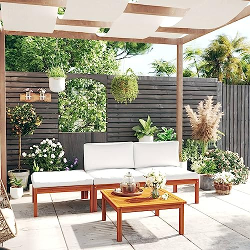 Willood 4-TLG. Gartenmöbel Set Garten Terrasse Balkonmöbel Sofa Bank Gartenset Sitzgarnitur Mittelsofa Ecksofa Garten Lounge Set mit Kissen Cremeweiß Massivholz Akazie