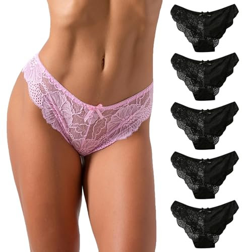 CSWH 5er Pack Slip Damen Sexy Spitzen Unterhosen Frauen Atmungsaktiv Bequem Hipster Damen niedrige Taille Unterwäsche Pantys Mehrpack M-XL
