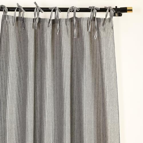 THE ART BOX Gauze Striped Curtains, Boho Linen Gauze Tie Top Hanging Curtains 2 Panel Set, Light Filtering Door Window for Bedroom/Living Room Home Décor Black on Beige (L84”xW42” Each Panel)