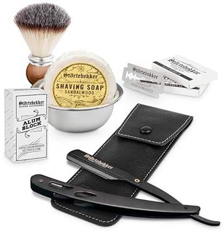Störtebekker® Premium Rasiermesser Set Schwarz im handgefertigten Lederetui (Schwarz) - mit Rasierpinsel, Rasierschale, Rasierseife, Alaunstein und Rasierklingen - hochwertiges Nassrasierer Rasierset
