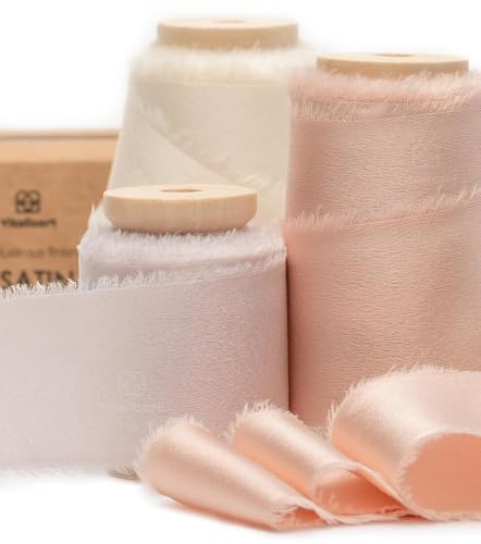 Vitalizart Satin Seidenband Rosa & Nude, Geschenkband 3,8 cm x 13,7 m mit Holzspule, Handgefertigte Stoffband für Geschenkverpackungen, Festliche Dekorationen, DIY-Basteleien, Hochzeitssträuße