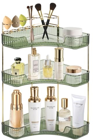 SHANNA Make Up Kosmetik Aufbewahrung: 3 Schichten Grün Badezimmer Organizer Eck Make up Organizer Große Kapazität Schönheits Make-up Organizer für Kommode, Schlafzimmer