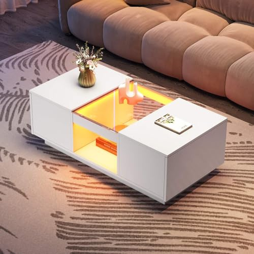 PUGSDRLY Table Basse,Table Basse Salon Moderne avec 2 Tiroir et éclairage LED,Table de Salon avec Plateau en Verre et Compartiment Ouvert,100x50x35.5 cm (Style 2, Blanc)