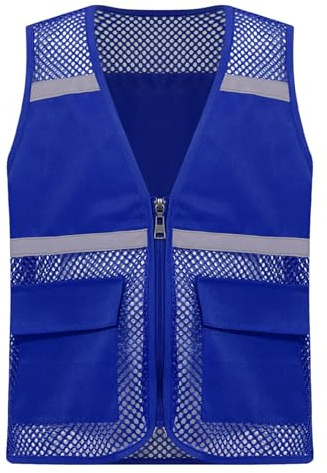 Yruioon Giubbotto di sicurezza per bambini, gilet di sicurezza riflettente, con strisce riflettenti, cerniera e tasche, Blu, 110-116