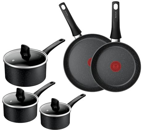 Tefal Lot de 5 casseroles antiadhésives en pierre de titane pour induction 16/18/20 + couvercles, poêle à frire 24/28 cm