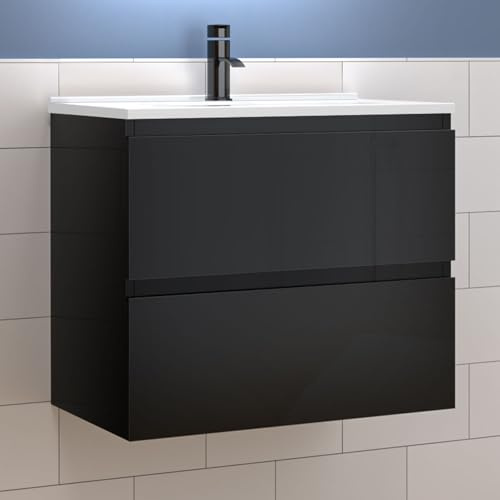 Aica Sanitär Waschtisch mit Unterschrank 60cm Alast Badmöbel Set Hochglanz Schwarz Keramik Waschbecken mit Unterschrank MDF Softclose