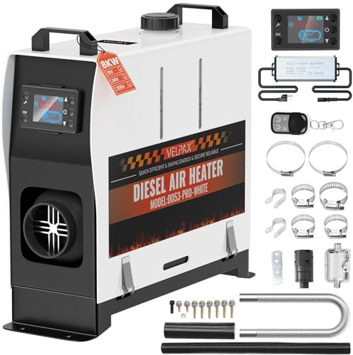 VELPAX Calentador Diésel Portátil Todo en Uno 12 V 24V 220V 8KW,Calentador de Aire Diesel 0,16-0,52 L/h LCD de control remoto,adecuado para automóviles, camiones, barcos