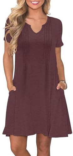 PLOKNRD Vestidos Verano Mujer Plisado T Shirt Vestidos Casual Manga Corta con Bolsillos