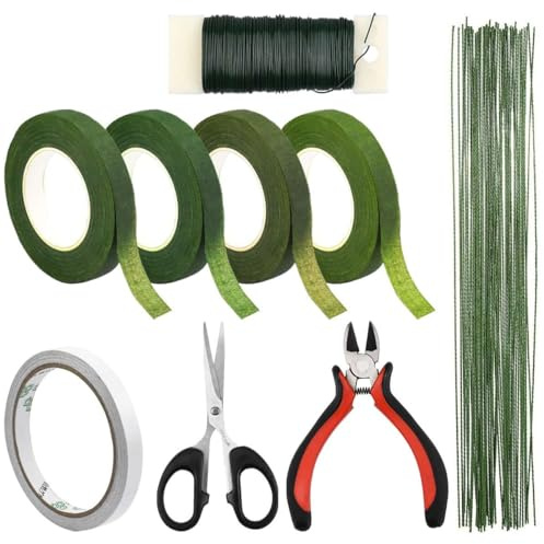 Dewocke 9 Stück Blumen Arrangement Tool Kit, Kreppband, Doppelseitiges Klebeband, Grün Paddle Wire, Blumendraht, Drahtschneider, Blumenschere, Floristik Zubehör Set, für DIY Kunst Handwerk