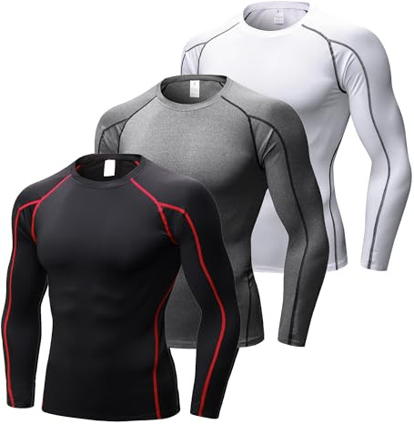 YUSHOW Pack de 3 Camiseta de Compresión Hombre Manga Larga, Ropa Deportiva Térmica Ligera y Transpirable para Running, Gimnasio y Fitness Ciclismo,Negro, Gris, Blanco,L