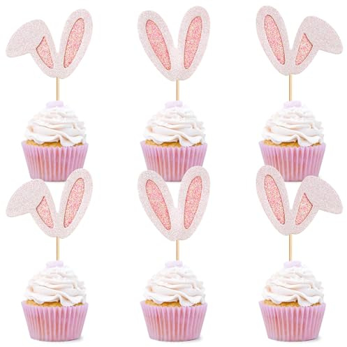 Blumomon 24Pcs Easter Bunny Cupcake Toppers Rabbit Cake Toppers Rabbit Ears Easter Cupcake Decorations for Kids Girls Birthday Party Baby Shower Wedding Party Decorations