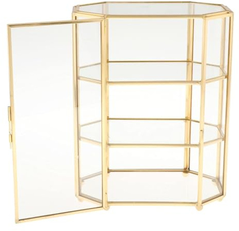 VBQFDPH 3-Tier Glass and Gold Jewelry Box, Makeup Organizer, Glass Display Case