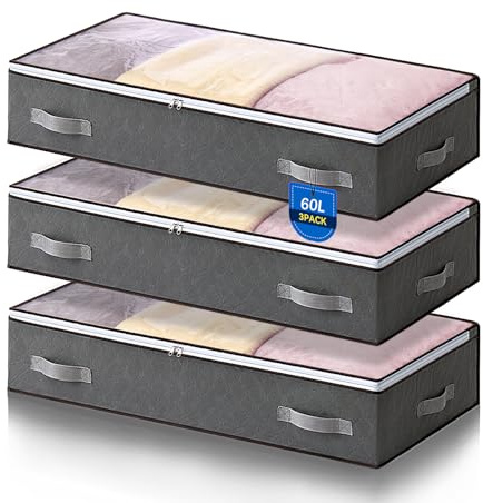 AIOR 3 Piezas 60L Bolsas Almacenaje Ropa Debajo de la Cama, Cajas Almacenaje de Gran Capacidad con Ventana Transparente, Cama Organizador Armario para Mantas Edredones, 80x50x15cm