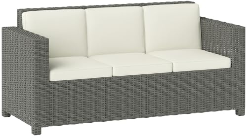 Outsunny 3 Seater Rattan Sofa with 10 cm Thick Padded Cushion, All-Weather PE Wicker Weave Garden Three-seater Bench with Armrests, Cream White