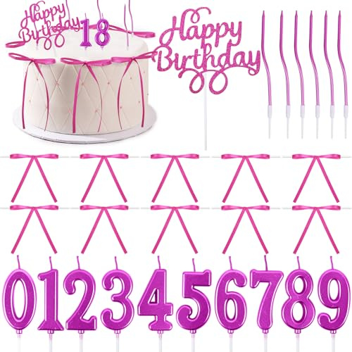 Acmee 27PCS Bow Cake Toppers with Happy Birthday Sign 0-9 Number Spiral Long Thin Candles Bowknot Ribbons Cake Decorations for Coquette Themed Birthday Bridal Wedding(Hot Pink)