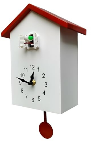 Elegante weiße Kuckucksuhr, rotes Dach, 32,5 cm x 20 cm x 9 cm, batteriebetrieben mit Vogelspiel, ideal für Wohnzimmer oder Kinderzimmer